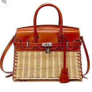 Tiffany & Fred Paris smooth leather & straw top handle satchel handbag in Carmel